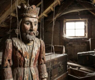 Wooden carved king puppet hanging by strings in a dusty attic filled with cobwebs and old trunks, near a small window.