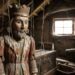 Wooden carved king puppet hanging by strings in a dusty attic filled with cobwebs and old trunks, near a small window.
