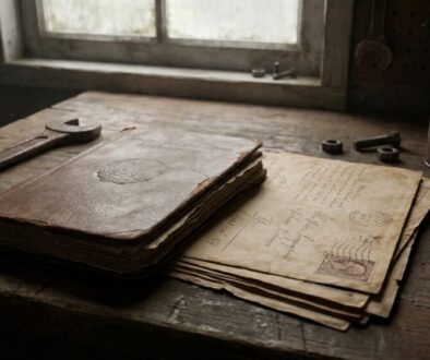 Old leather-bound book and yellowed letters on a dusty workshop bench with a large wrench nearby