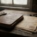 Old leather-bound book and yellowed letters on a dusty workshop bench with a large wrench nearby