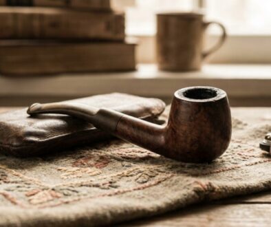Wooden tobacco pipe resting on a worn leather case with a lighter nearby on a patterned rug, books and a mug in the blurred background.