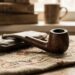 Wooden tobacco pipe resting on a worn leather case with a lighter nearby on a patterned rug, books and a mug in the blurred background.