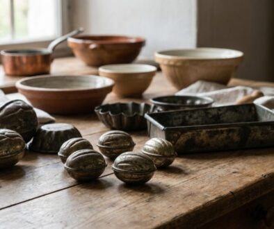 Vintage metal baking molds scattered on a wooden table with ceramic bowls in the background by a sunlit window.