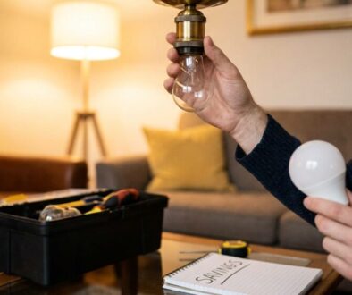 Person replaces a light bulb, holding the bulb in one hand and a tool box open on a coffee table in a living room.