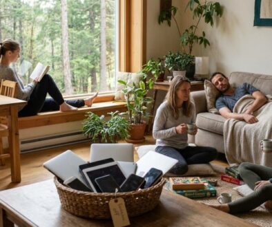 Five people relaxing in a cozy living room: two by a large window reading, others on the floor and sofa chatting with mugs in hand while a blanket is draped over the couch.
