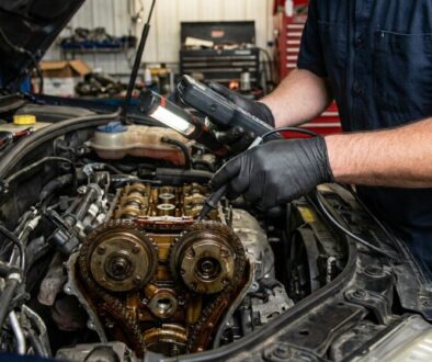 Mechanic wearing dark blue uniform and black gloves inspecting an exposed car engine with timing gears and a flashlight.