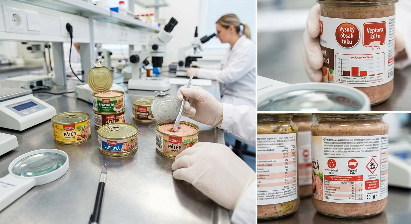 Food laboratory scene with gloved hands scooping pâté from several open canned meats on a stainless workbench; microscopes in the background.