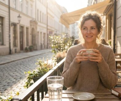 Smiling woman in a beige sweater sits at an outdoor cafe, holding a mug in the sunlight on a cobbled street.