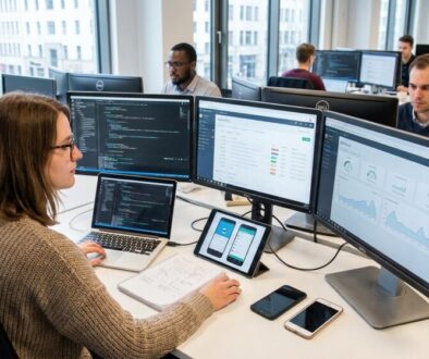 Developer seated at a desk with multiple monitors and a laptop, coding while colleagues work in an open-plan office.