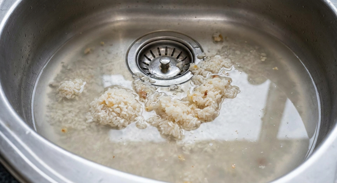 Rice clumps soaking in a stainless steel kitchen sink around the drain