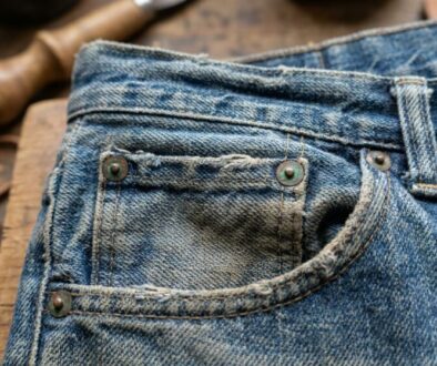 Close-up of a worn blue denim jeans pocket with copper rivets on a wooden work surface.