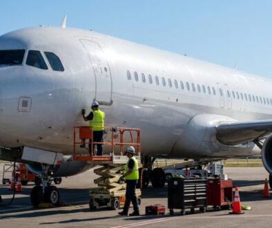 Ground crew in high-visibility vests servicing a large white commercial airplane on the tarmac with a maintenance lift nearby.