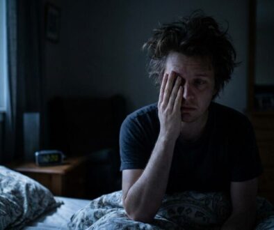 Dimly lit bedroom: a man sits up in bed with one hand covering his face, looking distressed or exhausted.