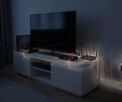 Living room setup with a large TV on a white media console, along with gaming consoles and a router, plugged into glowing power strips on the wall.