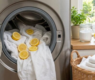 Front-loading washing machine with its door open; white towels and lemon slices inside the drum, as if for freshening or washing. On the counter are a jar and a bowl of lemons, plant, and a basket of folded towels nearby.