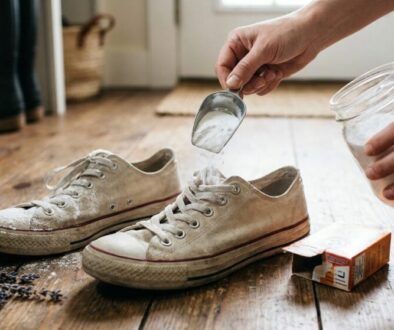 Hands sprinkle baking soda from a scoop onto a pair of dirty white sneakers on a wooden floor.