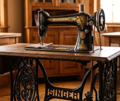 Vintage Singer treadle sewing machine on a carved iron table in a sunlit wood-filled room.