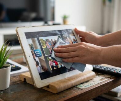 Person wipes a tablet displaying a photo collage on a wooden stand, desk plant beside.