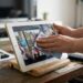 Person wipes a tablet displaying a photo collage on a wooden stand, desk plant beside.