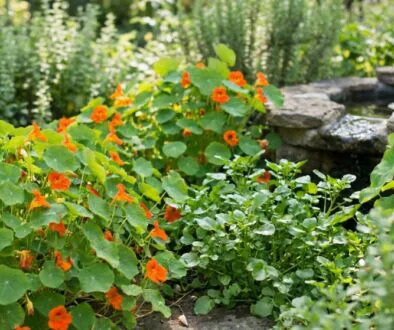 Cluster of orange nasturtium flowers with round green leaves in a garden near a stone water feature.