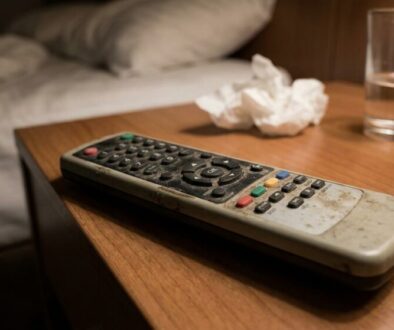 Dusty TV remote on a wooden bedside table with a glass of water and crumpled tissue, bed blurred in the background.