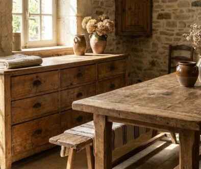 Rustic kitchen with a heavy wooden table and bench beside a stone wall and a wooden sideboard under a window.