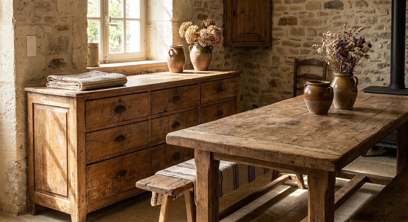 Rustic kitchen with a heavy wooden table and bench beside a stone wall and a wooden sideboard under a window.