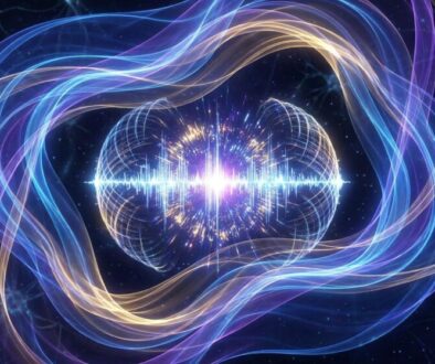 Abstract neon waves orbit a glowing central sphere with a bright pulse, set against a dark starry background.