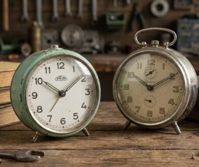 Two vintage alarm clocks sit on a wooden workbench beside a stack of old books and workshop tools in the background, conveying a retro workshop scene.