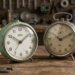 Two vintage alarm clocks sit on a wooden workbench beside a stack of old books and workshop tools in the background, conveying a retro workshop scene.