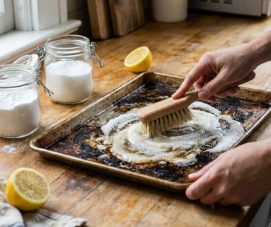 Person scrubs a greasy baking sheet with a brush, white foamy cleaner on the tray, lemons and sugar jars on a wooden counter nearby.