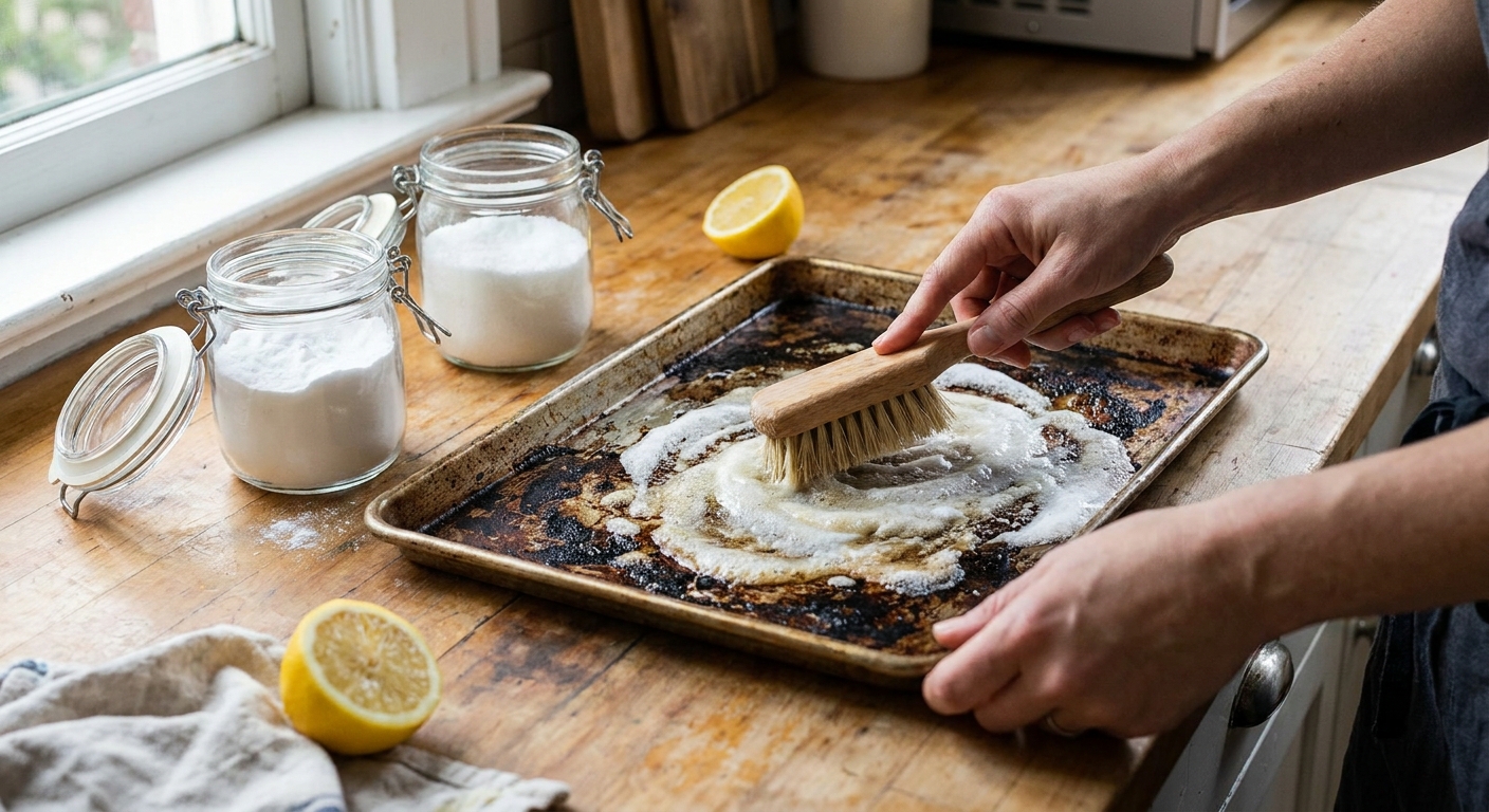 Person scrubs a greasy baking sheet with a brush, white foamy cleaner on the tray, lemons and sugar jars on a wooden counter nearby.